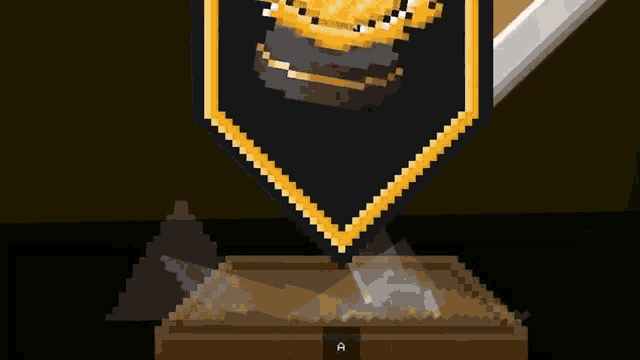 a pixel art illustration of a trophy with a sword behind it
