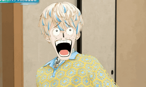 a cartoon character with a surprised look on his face is wearing a yellow and blue shirt