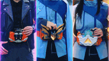 a man in a leather jacket is holding a belt that says ' a ' on it