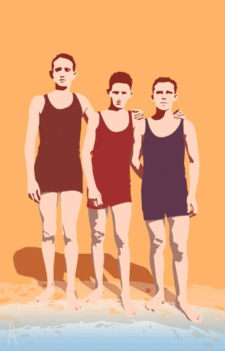a drawing of three men in bathing suits with the letter a on the bottom