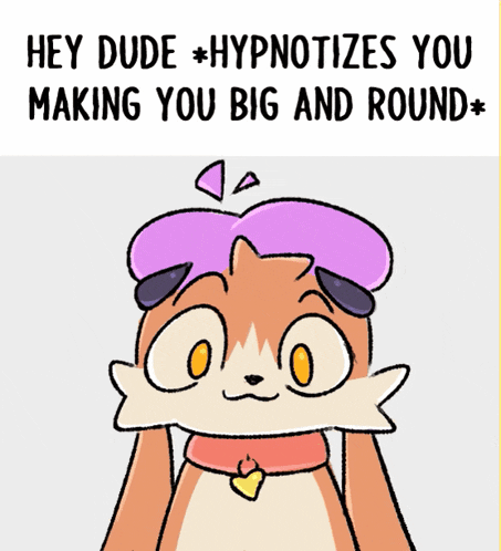 a cartoon of a cat with a purple hat that says " hey dude hypnotizes you making you big and round "
