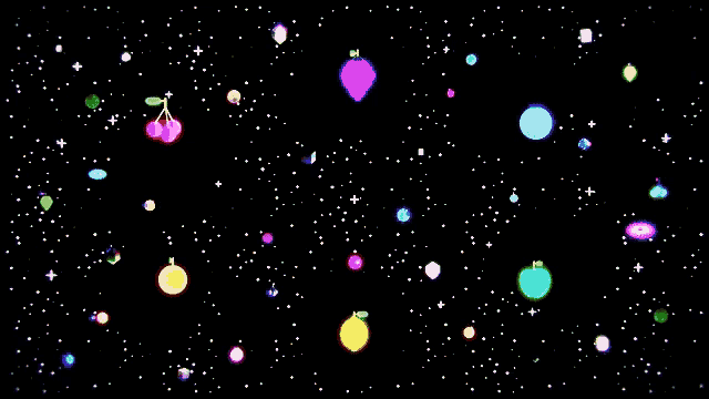 a bunch of colorful fruits are floating in the space