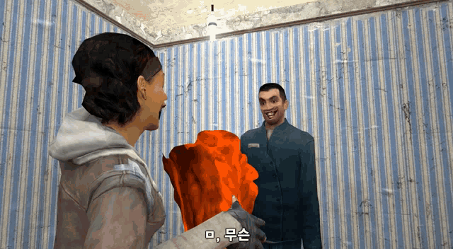 a man and a woman are talking in a room with a striped wallpaper