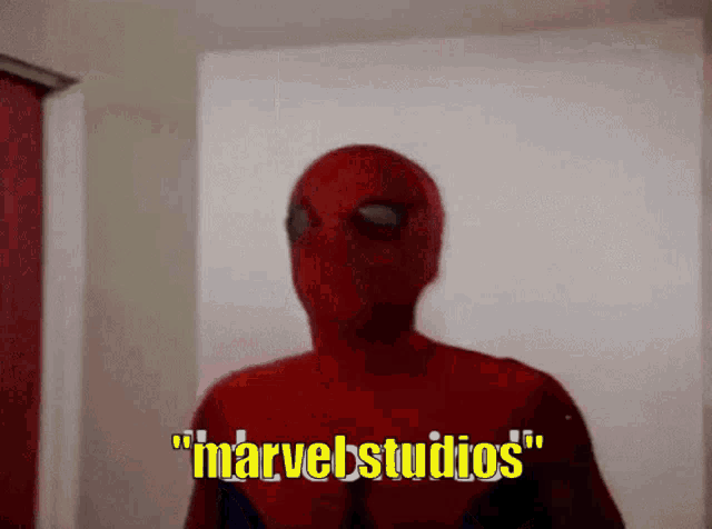 a man in a spiderman costume says " marvelstudios " in yellow letters