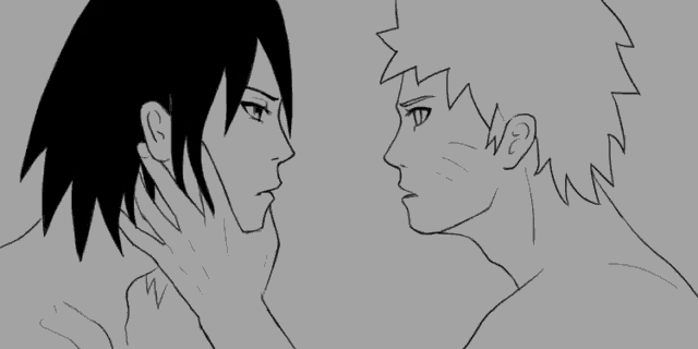 a black and white drawing of a man touching another man 's neck