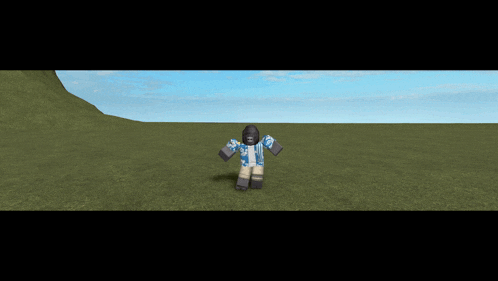a cartoon character in a blue shirt is standing in a field