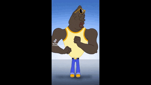 a cartoon character with a yellow shirt and blue pants is being stretched by another cartoon character .