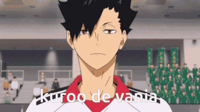 a black haired anime character with the words kuroo de vania written on the bottom