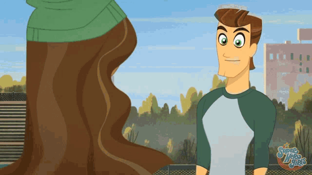 a cartoon character from super hero girls stands next to a woman