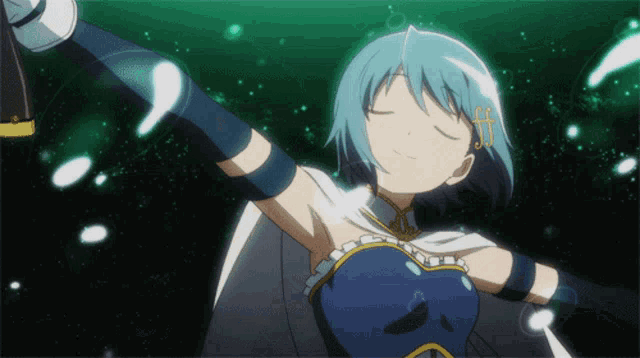 a girl with blue hair is holding a gun in her right hand