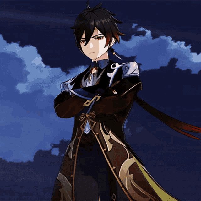 a cartoon character stands with his arms crossed in front of a dark blue sky