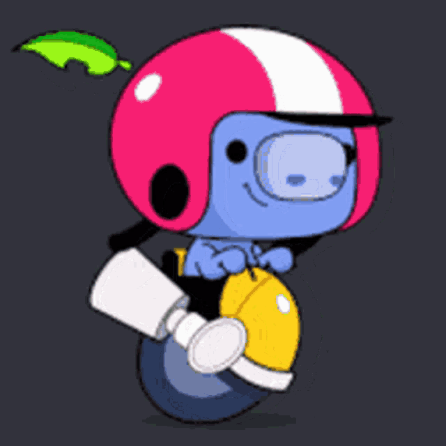 a cartoon character wearing a pink helmet and holding a leaf