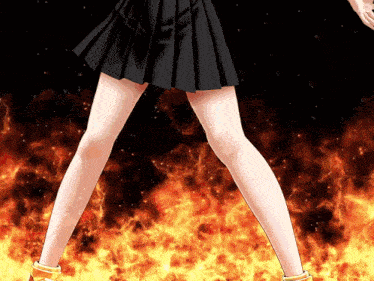 a girl in a black skirt stands in front of a fire