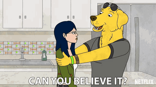 a cartoon of a dog hugging a woman with the words " can you believe it " below it