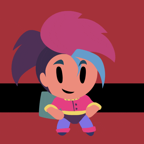a cartoon drawing of a girl with pink and blue hair