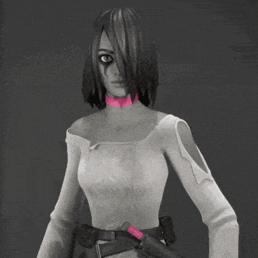 a woman wearing a pink choker and a white shirt