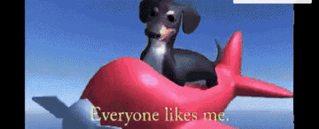 a dog sitting on top of a red airplane with the words everyone likes me