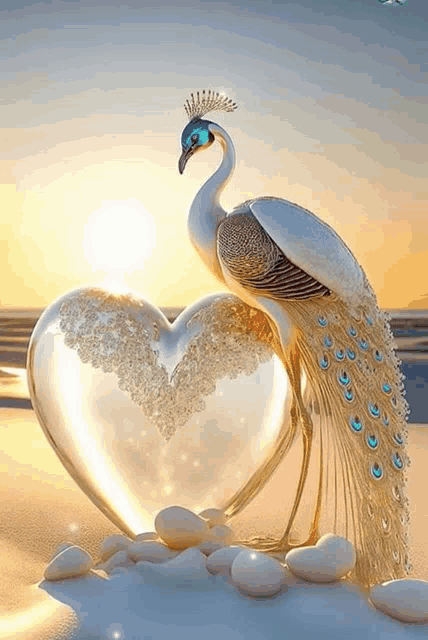 a peacock is standing next to a heart shaped container