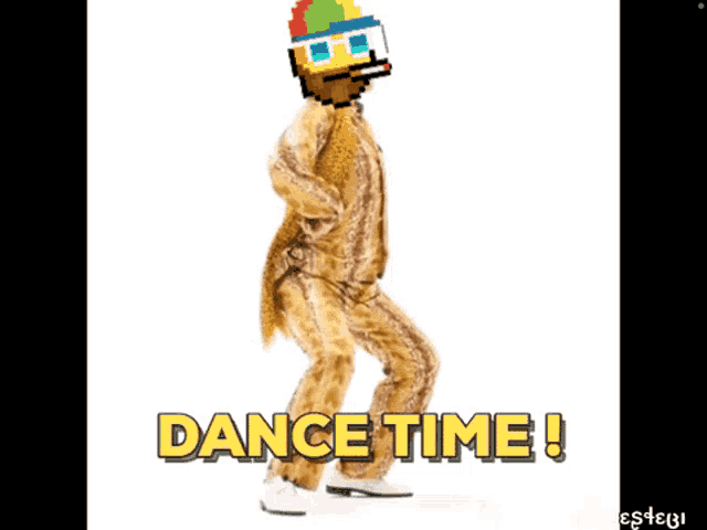 a pixel art of a man dancing with the words dance time