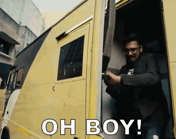 a man is standing in the doorway of a yellow van with the words oh boy below him