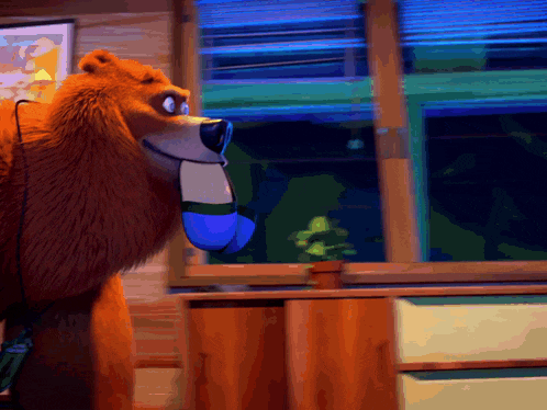 a cartoon bear stands in front of a window with blinds
