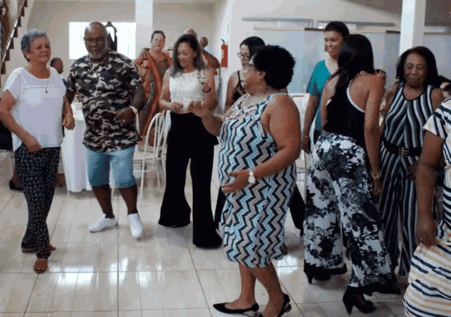 a group of people are dancing in a room with a man in a camo shirt