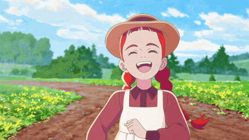 a cartoon girl with red hair and a straw hat is smiling