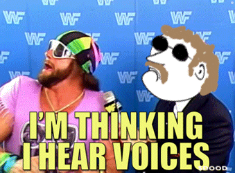 a cartoon of two men with the words i 'm thinking i hear voices behind them