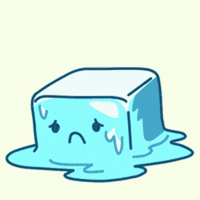 a melting ice cube with a sad face on it
