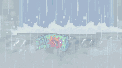 a pixel art drawing of a green object in the rain with blood coming out of it