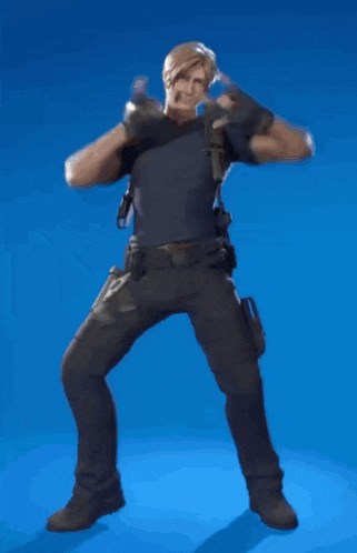 a man in a black shirt and black pants is standing on a blue background with his arms outstretched