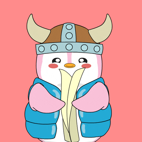 a cartoon penguin wearing a horned helmet holds a book that says appreciate you