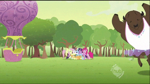 a cartoon of ponies and a bear with the words all new episode on the bottom