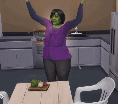 a woman in a purple shirt and green face is standing in a kitchen