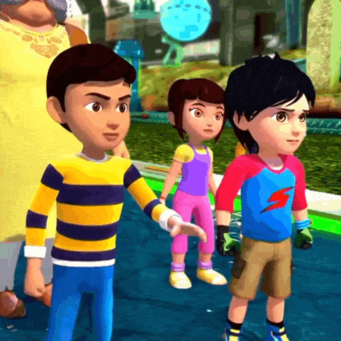 a group of cartoon characters are standing next to each other