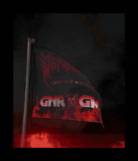 a red and black flag with the word grr on it