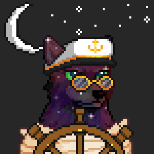 a pixel art illustration of a cat wearing a captain 's hat and goggles