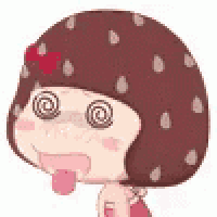a cartoon girl with a swirl in her eyes and her tongue out .