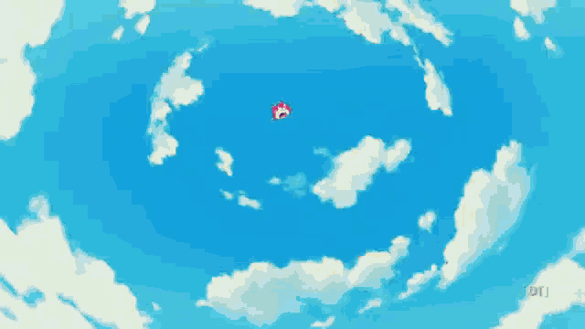 a cartoon character is flying through a blue sky with the letters dt on the bottom