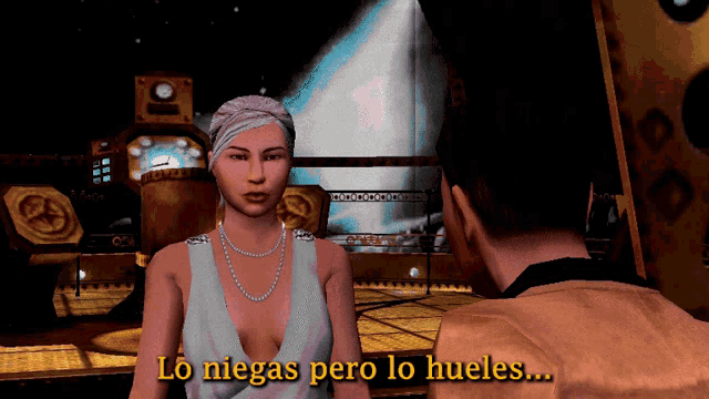 a woman in a white dress is talking to a man with the words lo niegas pero lo hueles written below her