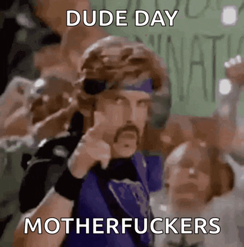 a man with a headband on his head says dude day motherfuckers in front of a crowd