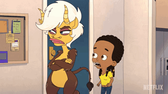 two cartoon characters standing next to each other with netflix written on the bottom right