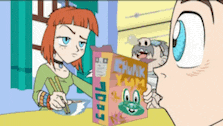 a cartoon drawing of a girl giving a box of chunk com to a boy