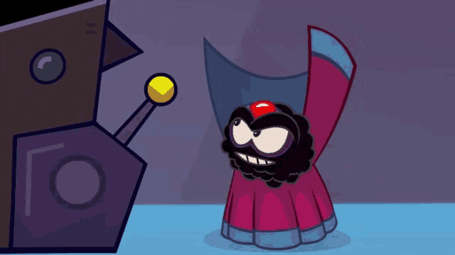 a cartoon character in a red cape stands next to a purple robot