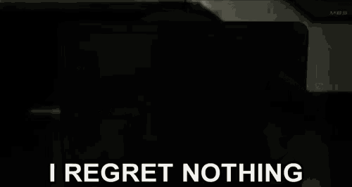 a black and white anime character with the words i regret nothing written on the bottom