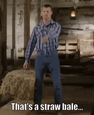 a man in a plaid shirt is holding a bale of hay and says that 's a straw bale