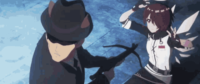 a man in a hat is holding a crossbow while a girl with wings looks on