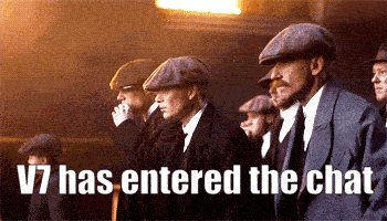 a group of men in suits and hats are standing in a line with the words v7 has entered the chat below them
