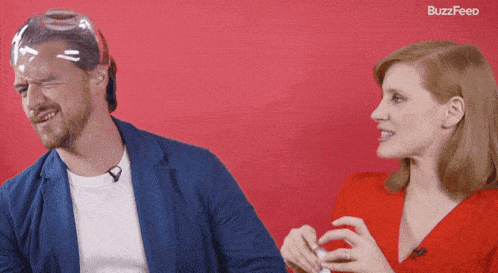 a man with a plastic bag on his head and a woman in a red dress with buzzfeed written on the bottom right