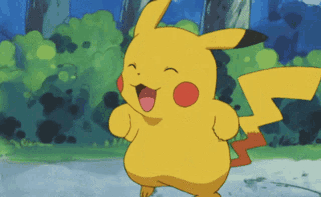 a pikachu cartoon character is smiling and dancing in a park